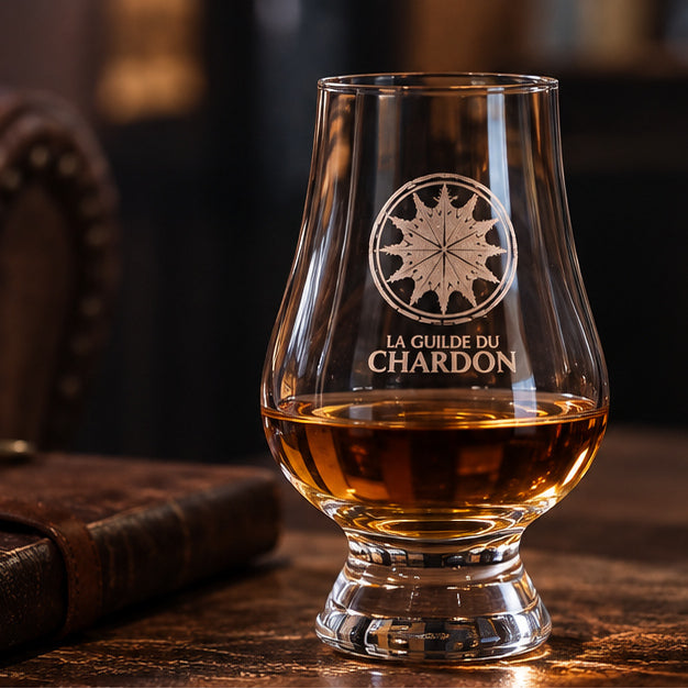 Mise en scène générée du verre de la Guilde sur bois sombre — whisky et accessoires non inclus